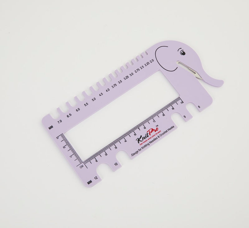 lilac elephant shaped yarn cutter and needle gauge