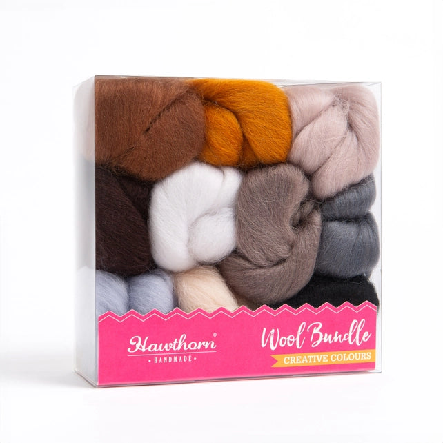 Picture of the wool bundle box containing roving in withe, orange, gray, and brown tints.