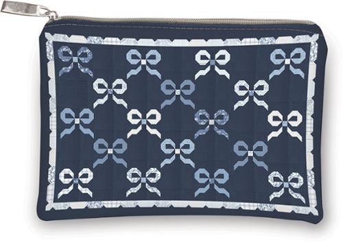 Navy pouch with white bow pattern on a white background