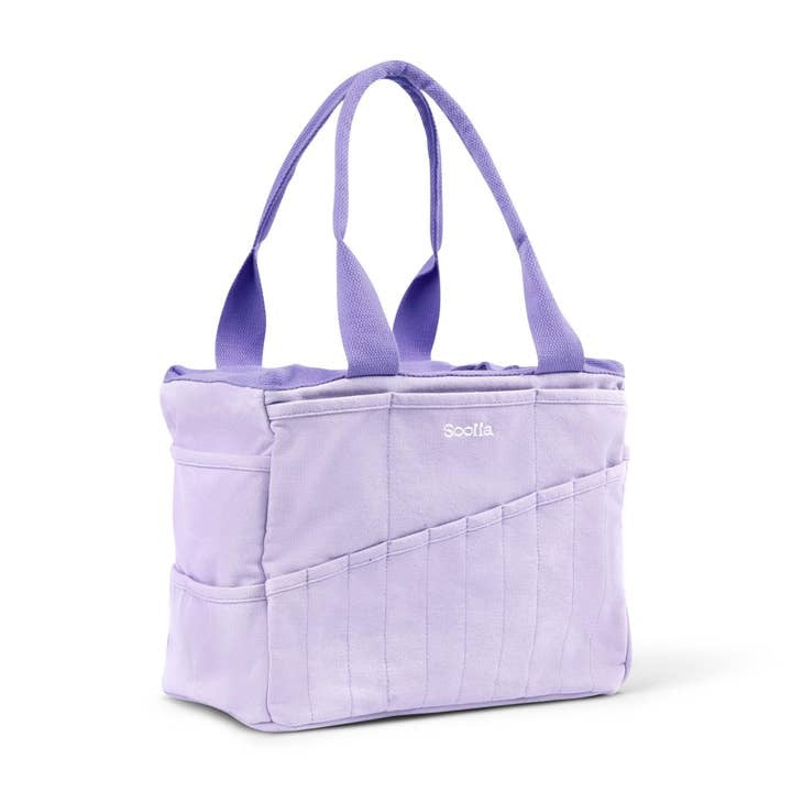 Purple tote bag with a visible brand logo on a white background